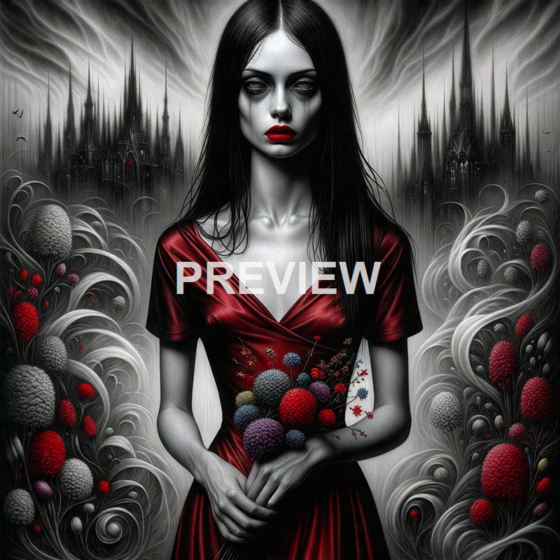 A dark, gothic-style digital painting of a pale woman with long black hair, red lipstick, wearing a red dress, holding a bouquet of colorful flowers, with a sinister castle and swirling clouds in the background.
